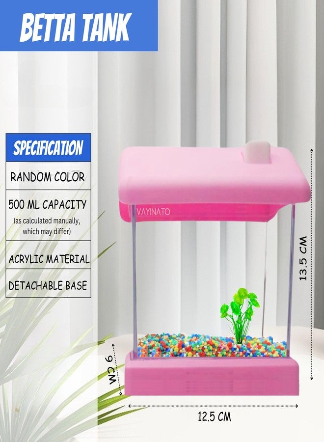 VAYINATO® Transparent Acyrlic Betta Fish Tank with Mini Plastic Plants - Random Color (Home Model) Easy to Clean and Maintain | Mini Portable Betta Fish Tank (Maximum 500ML Capacity) - Image 2